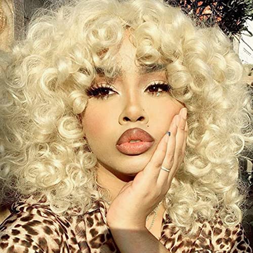 PHOENIXFLY Short Loose Curly Wigs Heat Resistant Fiber Fluffy Weave Curl Afro Synthetic Hair Wig Natural Daily Wigs for Black Women and White Women Breathable Rose Net Wig (#613 Blonde) - Image 1