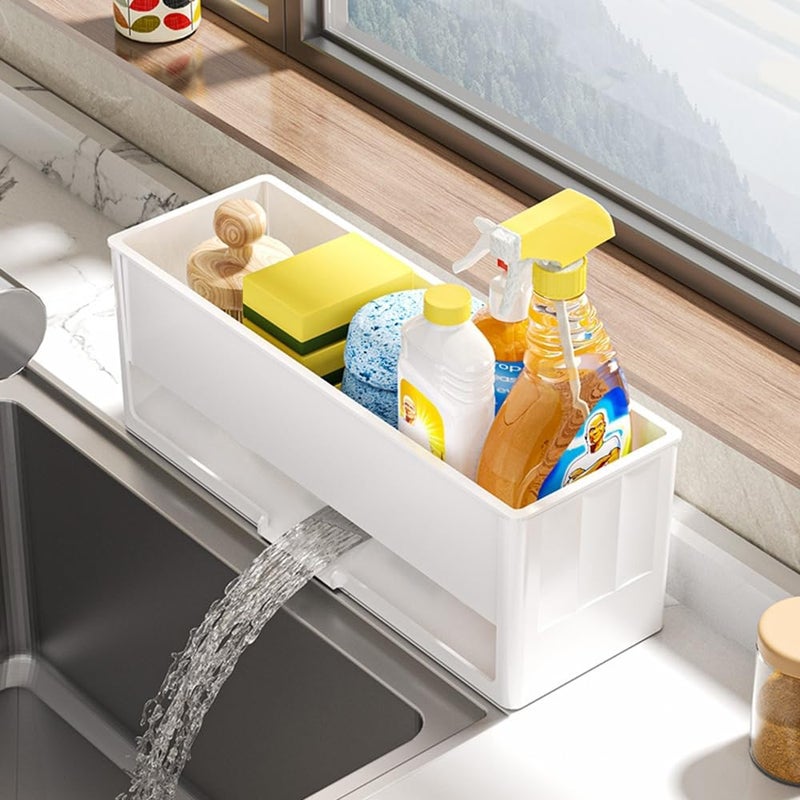 STORICANS Sponge Holder for Kitchen Sink, Rust-Free Sink Caddy,Plastic Kitchen Sink Organizer Countertop Soap Dispenser Kitchen Organizers and Storage Essentials (White) - Image 1