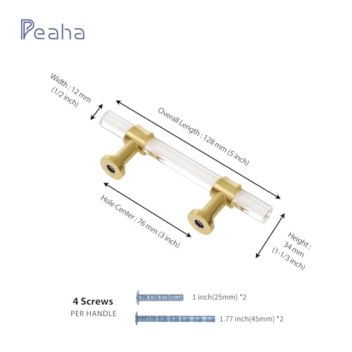 Peaha 10 Pack 3 Inch Acrylic Cabinet Pulls Gold Drawer Handles Brushed Brass Hardware Zinc Alloy for Dresser Cupboard Kitchen - Image 2