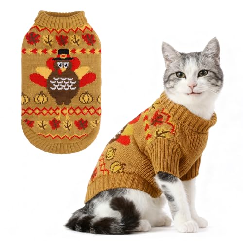 KOOLTAIL Thanksgiving Cat Sweater Turtleneck Soft Knit Cat Sweaters for Cats Only Turkey Pattern Thick Warm Winter Cold Weather Pet Clothes for Small Medium Large Kitten Puppy Boys Girls Brown M - Image 1