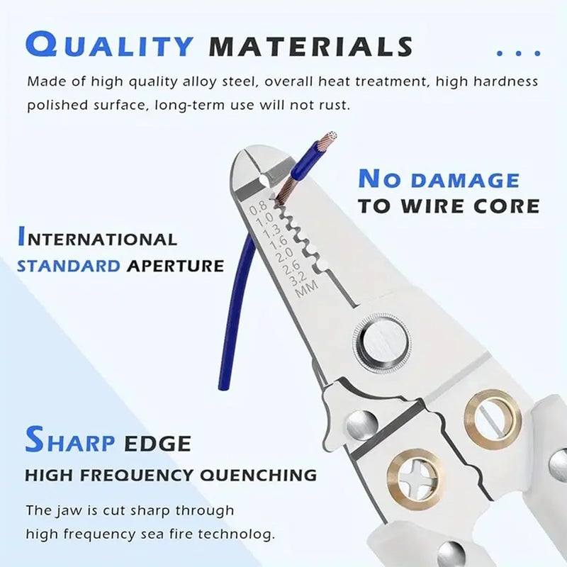 Onmall Wire Stripper and Crimping Tool Stainless Steel Multi Functions Including Stripping Cutting Crimping Winding and Splitting Wires Ideal for Electricians and Household Use NonSlip Handle - Image 4