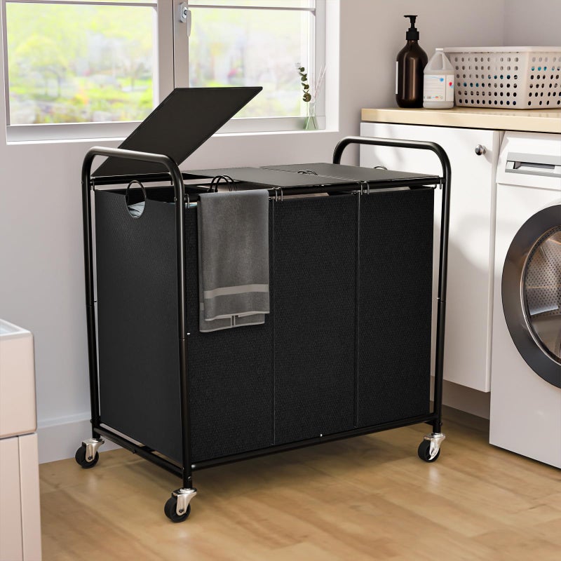 Olldide 180L (47.55 Gal) Laundry Sorter 3 Section, Rolling Laundry Basket with Lockable Wheels and Lid, Laundry Hamper with 3 Separated Removable Bags Dirty Clothes Hamper for Laundry Room Organizer, Black - Image 1