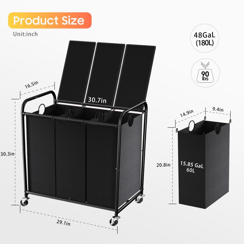 Olldide 180L (47.55 Gal) Laundry Sorter 3 Section, Rolling Laundry Basket with Lockable Wheels and Lid, Laundry Hamper with 3 Separated Removable Bags Dirty Clothes Hamper for Laundry Room Organizer, Black - Image 2