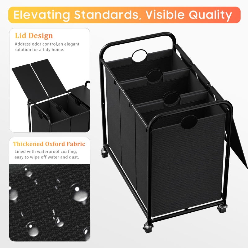 Olldide 180L (47.55 Gal) Laundry Sorter 3 Section, Rolling Laundry Basket with Lockable Wheels and Lid, Laundry Hamper with 3 Separated Removable Bags Dirty Clothes Hamper for Laundry Room Organizer, Black - Image 4