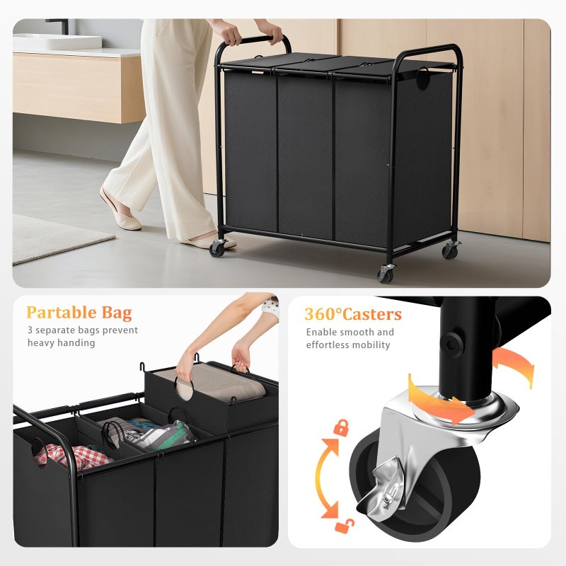 Olldide 180L (47.55 Gal) Laundry Sorter 3 Section, Rolling Laundry Basket with Lockable Wheels and Lid, Laundry Hamper with 3 Separated Removable Bags Dirty Clothes Hamper for Laundry Room Organizer, Black - Image 3