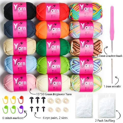 Sekafris 15 Pack Crochet Yarn Beginner - Black, White, Orange, Red, Green, Rainbow, Pink, Yellow Cotton Chunky Yarn - with Easy-to-See Stitches for Crocheting (15 * 50g) - Image 2
