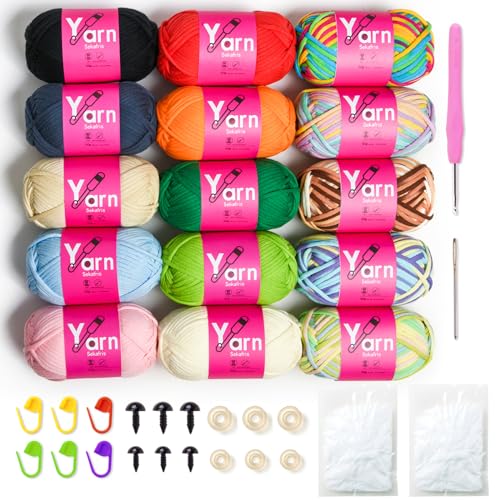 Sekafris 15 Pack Crochet Yarn Beginner - Black, White, Orange, Red, Green, Rainbow, Pink, Yellow Cotton Chunky Yarn - with Easy-to-See Stitches for Crocheting (15 * 50g) - Image 1