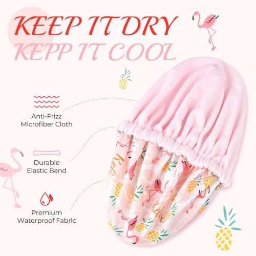 Aileam Shower Cap for Women Terry Lined Bath Cap Large Reusable Waterproof Elastic Band Pink Flamingo Shower Caps for Long Thick Hair Soft Bath Shower Hair Caps - Image 3
