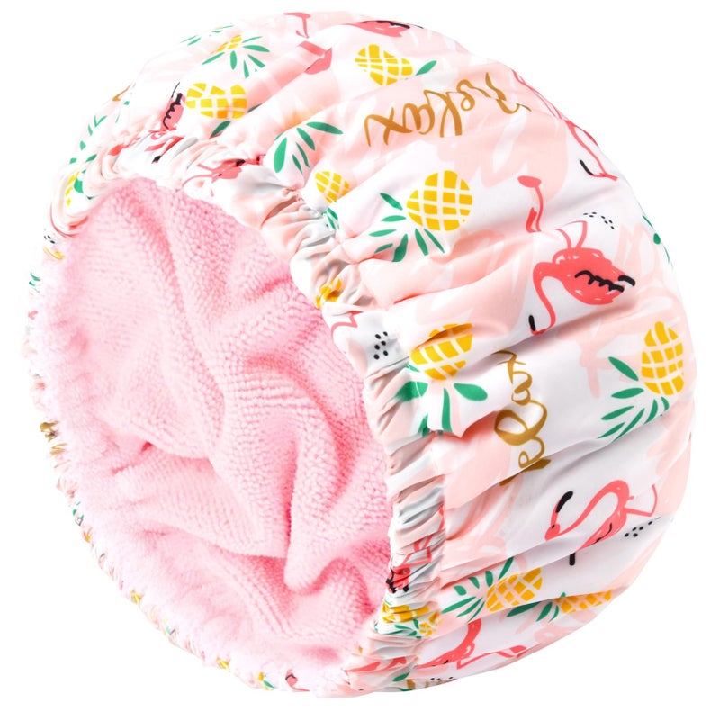 Aileam Shower Cap for Women Terry Lined Bath Cap Large Reusable Waterproof Elastic Band Pink Flamingo Shower Caps for Long Thick Hair Soft Bath Shower Hair Caps - Image 2