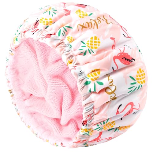Aileam Shower Cap for Women Terry Lined Bath Cap Large Reusable Waterproof Elastic Band Pink Flamingo Shower Caps for Long Thick Hair Soft Bath Shower Hair Caps - Image 1