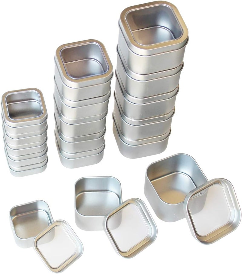 Goodma 18-Pack Empty Square Silver Metal Tins with Clear Window for Candle Making, Candies, Gifts & Treasures, Mixed Sizes - Image 1