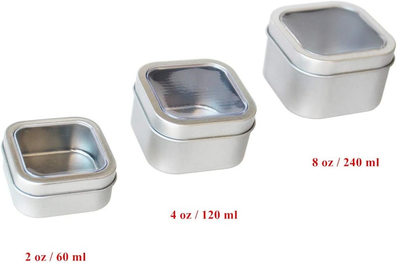 Goodma 18-Pack Empty Square Silver Metal Tins with Clear Window for Candle Making, Candies, Gifts & Treasures, Mixed Sizes - Image 2