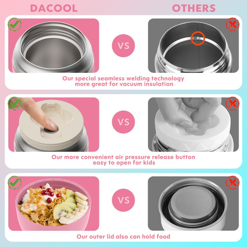 DaCool Insulated Food Jar Food Thermo Kids Thermo for Hot Food 16 oz Stainless Vacuum Bento Lunch Thermo for Kids Girls Adult with Spoon Leak Proof for School Office Picnic Travel Outdoors, Pink - Image 4