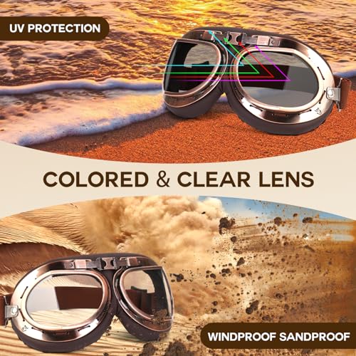 Lievermo Vintage Helmet Goggles 2 Pack Motorcycle Dirt Bike ATV Goggles Vintage Pilot Aviator Cruiser Scooter Off Road Motorcross Eyewear Glasses Dustproof Windproof for Men Women (Smoke+Clear) - Image 5