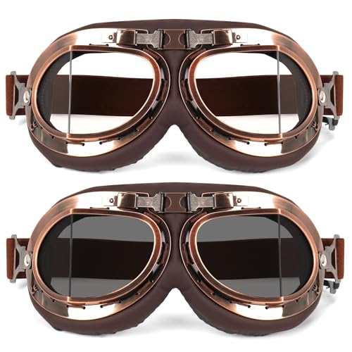Lievermo Vintage Helmet Goggles 2 Pack Motorcycle Dirt Bike ATV Goggles Vintage Pilot Aviator Cruiser Scooter Off Road Motorcross Eyewear Glasses Dustproof Windproof for Men Women (Smoke+Clear) - Image 1