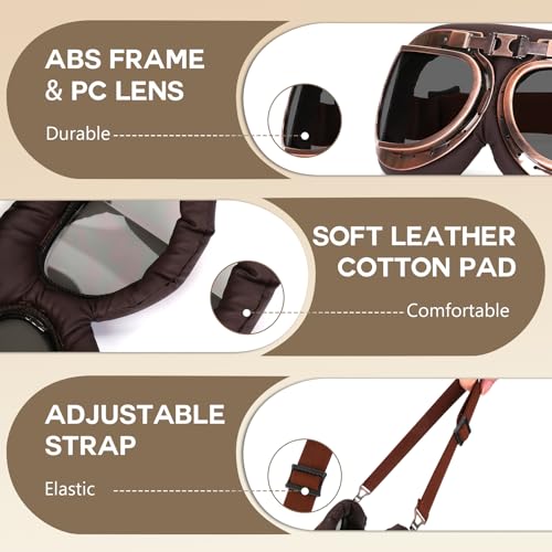 Lievermo Vintage Helmet Goggles 2 Pack Motorcycle Dirt Bike ATV Goggles Vintage Pilot Aviator Cruiser Scooter Off Road Motorcross Eyewear Glasses Dustproof Windproof for Men Women (Smoke+Clear) - Image 4
