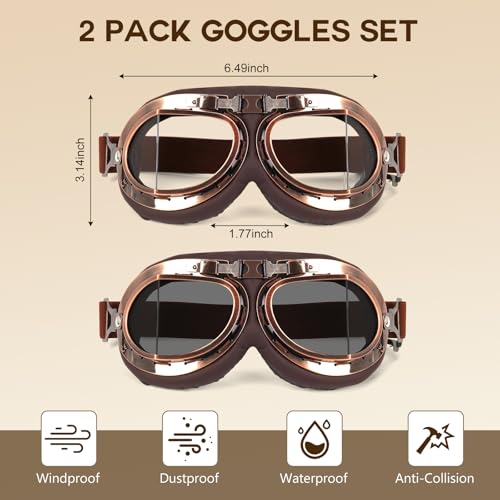 Lievermo Vintage Helmet Goggles 2 Pack Motorcycle Dirt Bike ATV Goggles Vintage Pilot Aviator Cruiser Scooter Off Road Motorcross Eyewear Glasses Dustproof Windproof for Men Women (Smoke+Clear) - Image 3