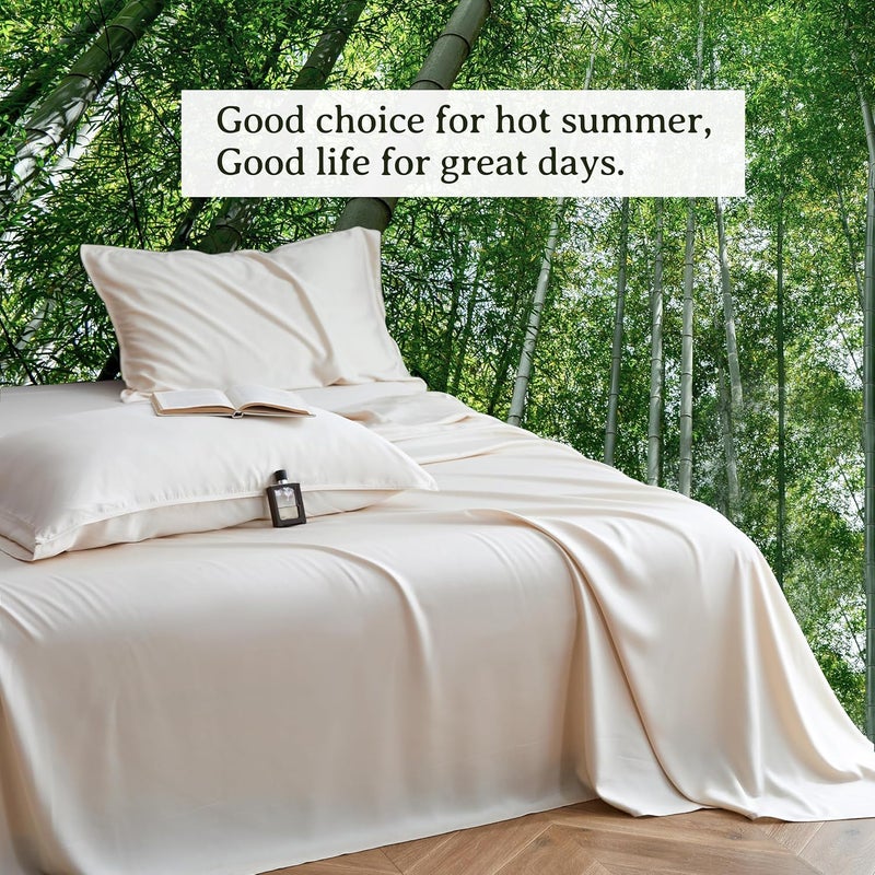 Simple&Opulence 100% Viscose from Bamboo Sheet Set 4Pcs, Cooling for Hot Sleepers, Soft Breathable Bed Sheets Set, 15" (38cm) Deep Pockets, Luxury Hotel Silky Bedding Sheets (Beige,King) - Image 3