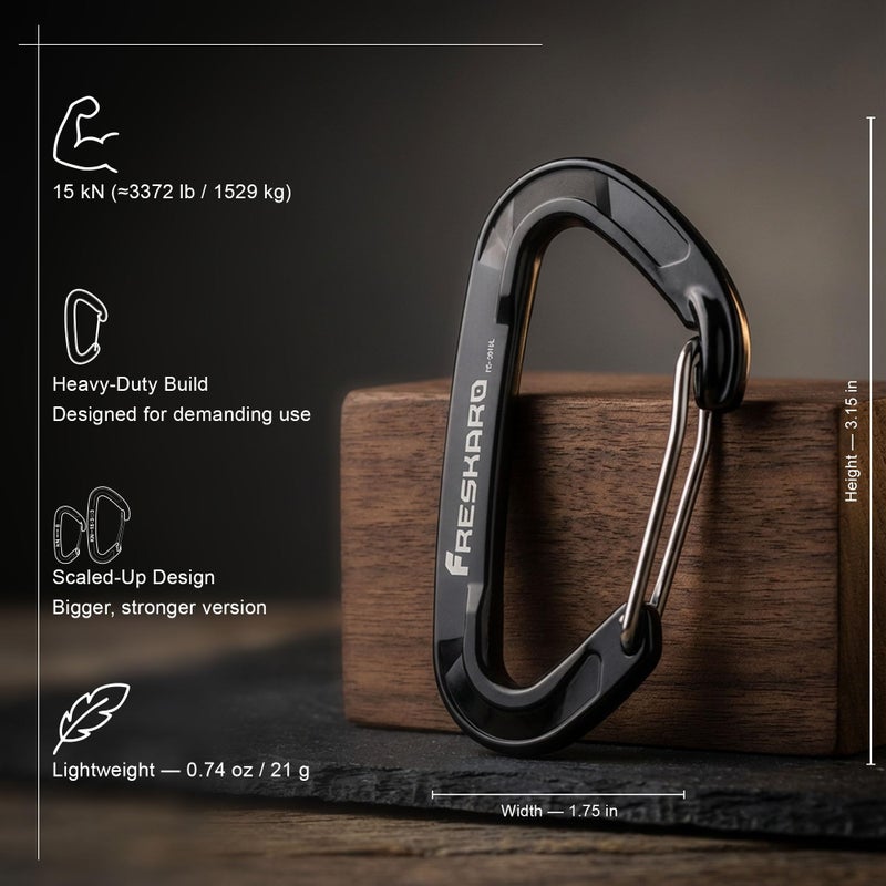 FresKaro 15kN Heavy Duty Wiregate Carabiners Clips, Wire Gate Spring Snap Quick Draws, for Camping Hiking, Hammocks, Aluminium Caribeaners for Backpacking and Dog Leash, 4Pack, Black, Medium Size - Image 2