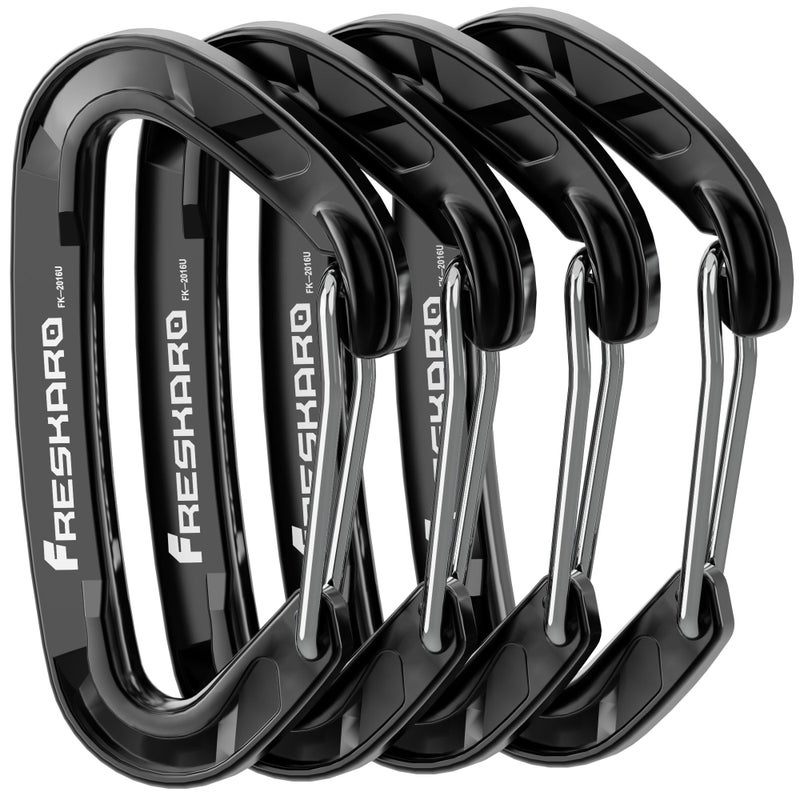 FresKaro 15kN Heavy Duty Wiregate Carabiners Clips, Wire Gate Spring Snap Quick Draws, for Camping Hiking, Hammocks, Aluminium Caribeaners for Backpacking and Dog Leash, 4Pack, Black, Medium Size - Image 1