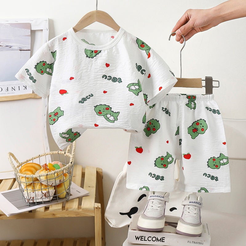 Summer new boys short sleeve shorts loose foreign style two-piece girls short sleeve suit manufacturers wholesale home clothes Yt-01 dinosaur short sleeve suit 