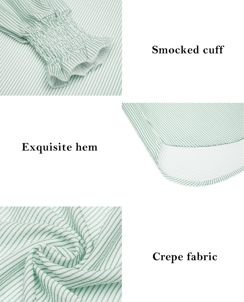 Gleeivy Green Striped Shirt Women Loose Fitting Tops Collar Wrinkle Free Button Down Shirts Striped Smocked Cuffed Sleeve Shirt V Neck Blouses Juniors Y2KTrendy Dressy Work Tops Business Casual - Image 5