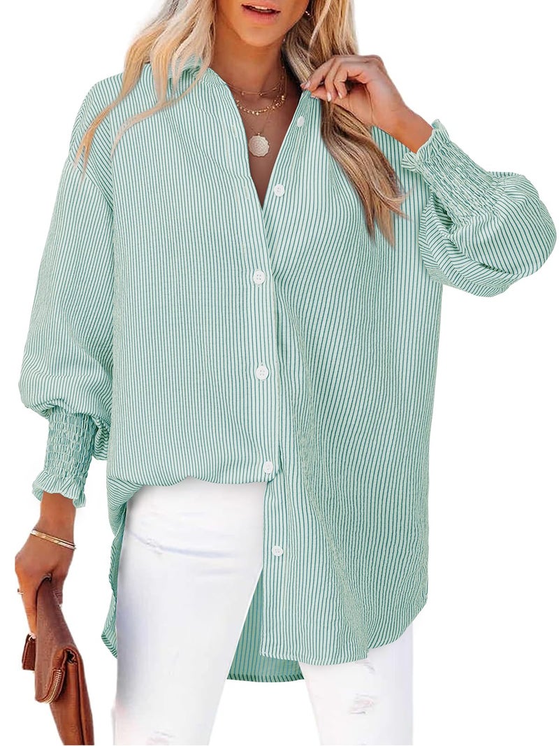 Gleeivy Green Striped Shirt Women Loose Fitting Tops Collar Wrinkle Free Button Down Shirts Striped Smocked Cuffed Sleeve Shirt V Neck Blouses Juniors Y2KTrendy Dressy Work Tops Business Casual - Image 1