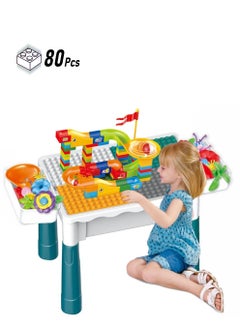 Kids Activity Table Set,with two storage box and 80pcs slide building blocks, Water Table, Sand Table and Building Blocks Table for Toddlers Activity，Available in several sizes