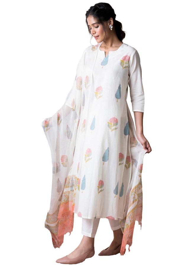 قميص كورتا نسائي من ANNI DESIGNER مطبوع عليه خطوط مستقيمة من مزيج القطن مع بنطلون ووشاح (Nairiti White_XXL_White_XX-Large)