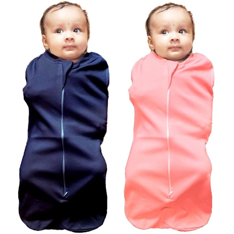 MammaChamp Zipper Swaddle POD Blankets Sleeping Bag Wrap Sack for Newborn Infant Baby 03 months Packof 2 PeachDarkBlue
