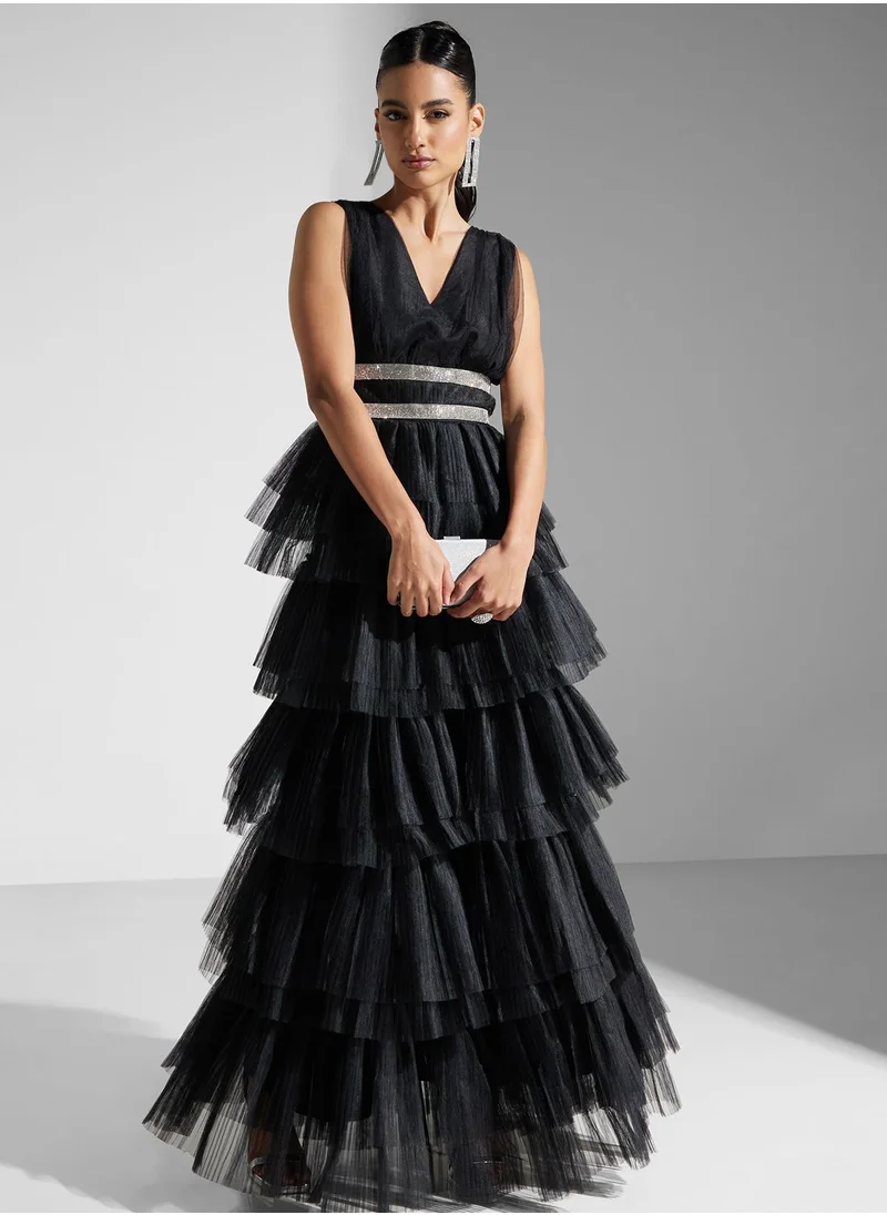 True Decadence Diamante Belted Tulle Maxi Dress