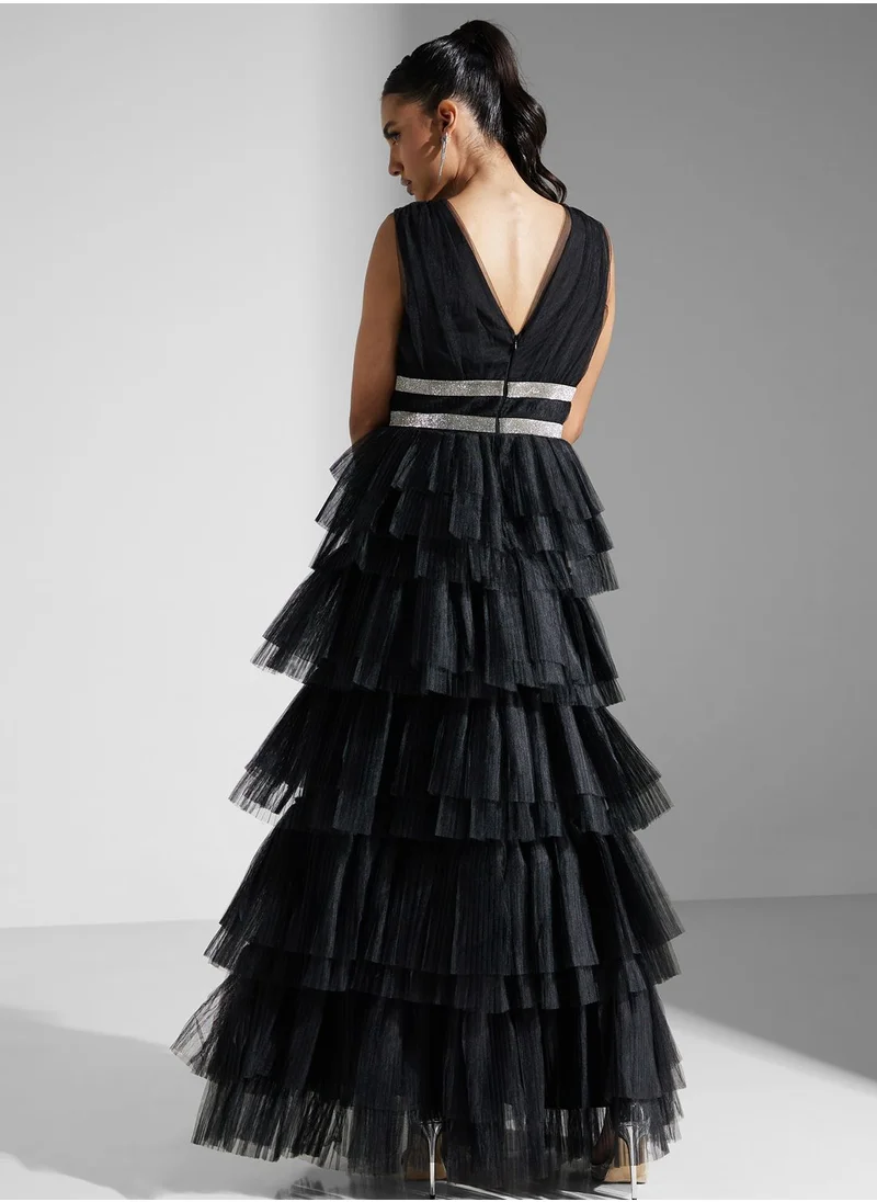 True Decadence Diamante Belted Tulle Maxi Dress
