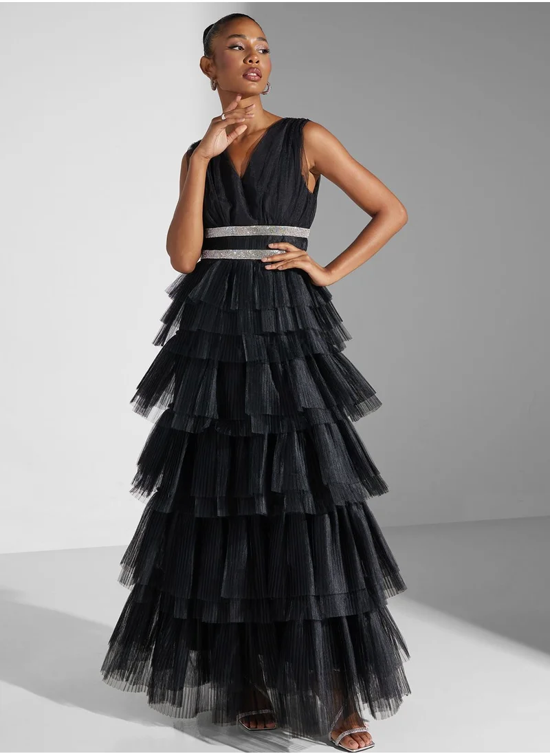 True Decadence Diamante Belted Tulle Maxi Dress