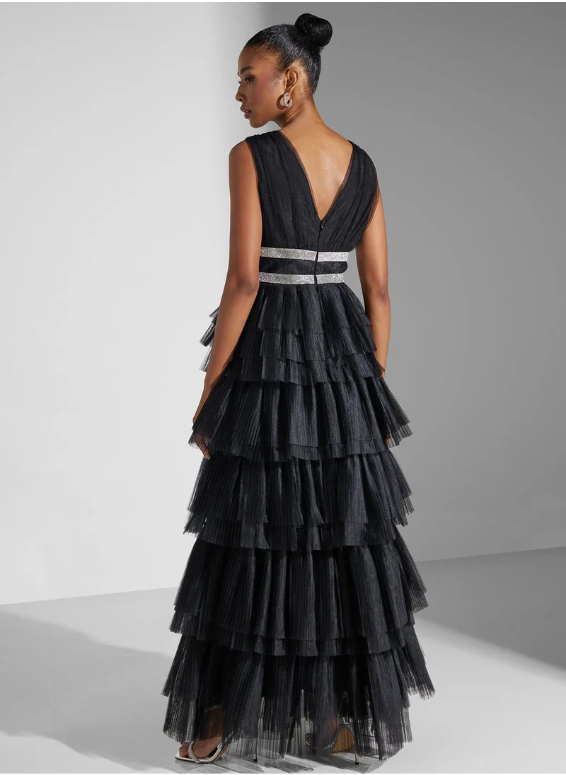 True Decadence Diamante Belted Tulle Maxi Dress