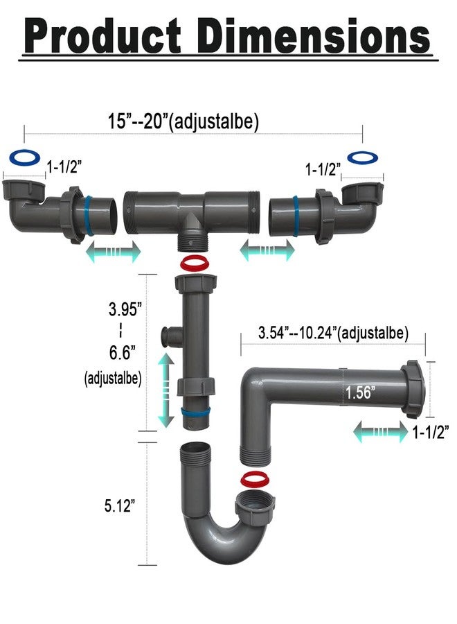 TGEOND 1-1/2" Double Sink Drain Pipe Kit with P-Trap, Wall-Outlet, Complete Plumbing Replacement for Double Kitchen Sinks - Image 2