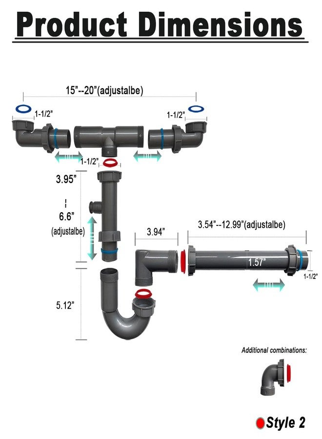 TGEOND 1-1/2" Double Sink Drain Pipe Kit with P-Trap, Wall-Outlet, Complete Plumbing Replacement for Double Kitchen Sinks - Image 3