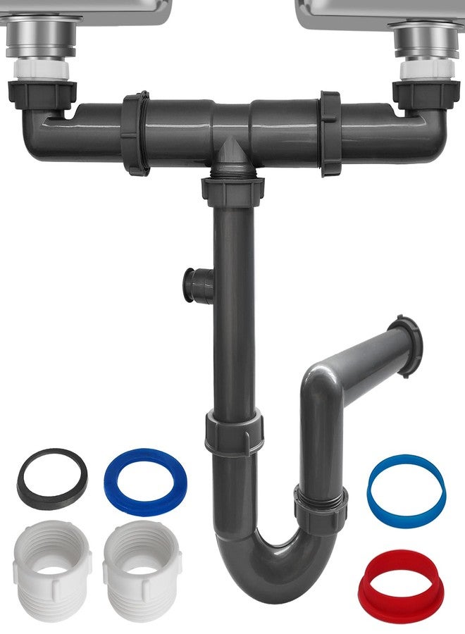 TGEOND 1-1/2" Double Sink Drain Pipe Kit with P-Trap, Wall-Outlet, Complete Plumbing Replacement for Double Kitchen Sinks - Image 1