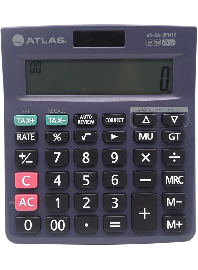 Atlas 12-Digit Desktop Calculator, 120-Step Check & Correct, Dual Power, Memory Functions, Tax & GT Keys - Image 1