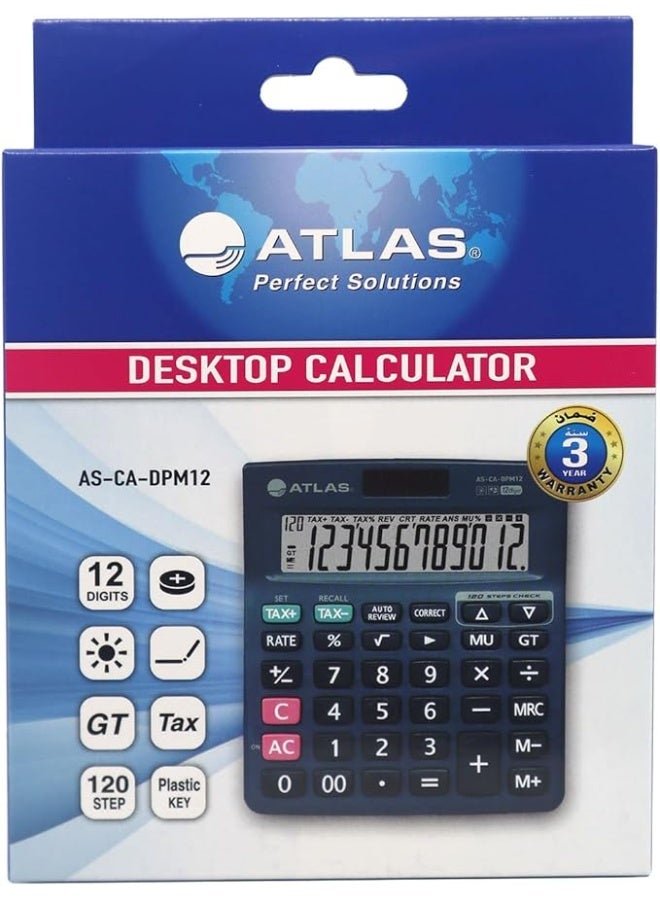 Atlas 12-Digit Desktop Calculator, 120-Step Check & Correct, Dual Power, Memory Functions, Tax & GT Keys - Image 2