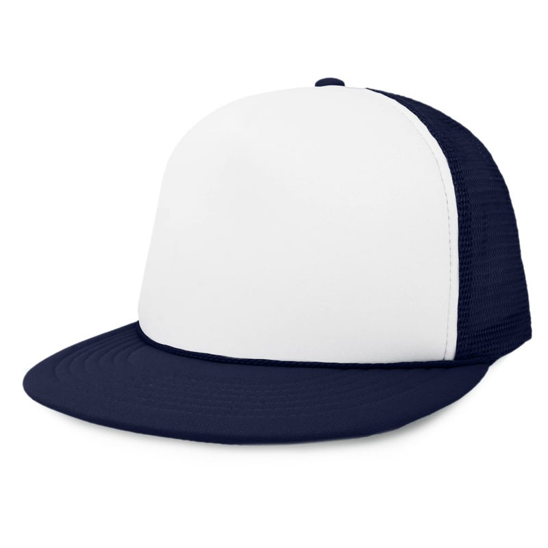 DALIX Flat Billed Trucker Cap with Mesh Back in Navy-White - Image 1