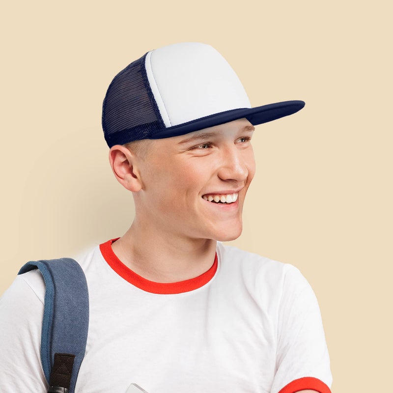 DALIX Flat Billed Trucker Cap with Mesh Back in Navy-White - Image 5