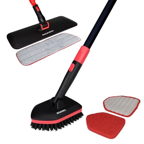 AGARO Elite Cleaning Mop & Brush Set, Bathroom Cleaning Brush, Long Handle, Hard Brush, Microfiber Pad & Scrubber, for Tiles, Kitchen, Toilet, Window Glass, Detachable Head, Black & Red - Image 1
