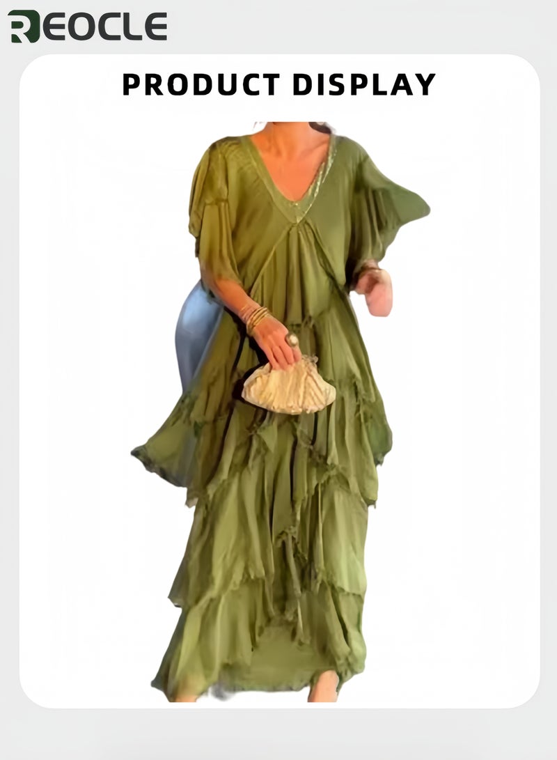 REOCLE Women's V Neck Short Sleeve Dress Versatile Casual Wear Slimming A Line Pleated Solid Color Pullover Maxi Dress with High Waist Design - Image 4