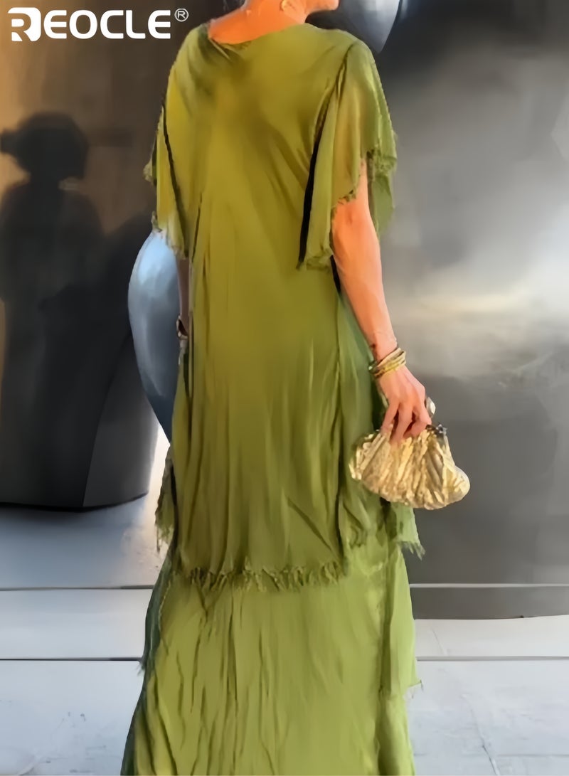 REOCLE Women's V Neck Short Sleeve Dress Versatile Casual Wear Slimming A Line Pleated Solid Color Pullover Maxi Dress with High Waist Design - Image 3