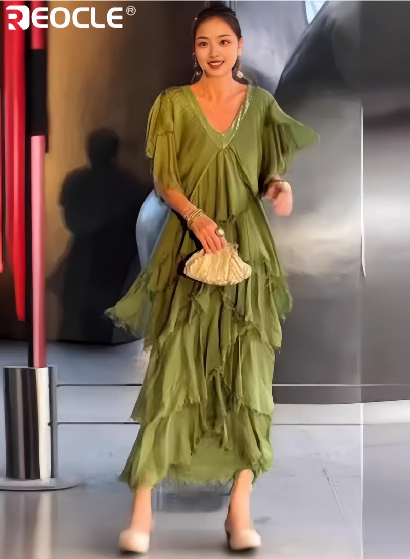 REOCLE Women's V Neck Short Sleeve Dress Versatile Casual Wear Slimming A Line Pleated Solid Color Pullover Maxi Dress with High Waist Design - Image 1