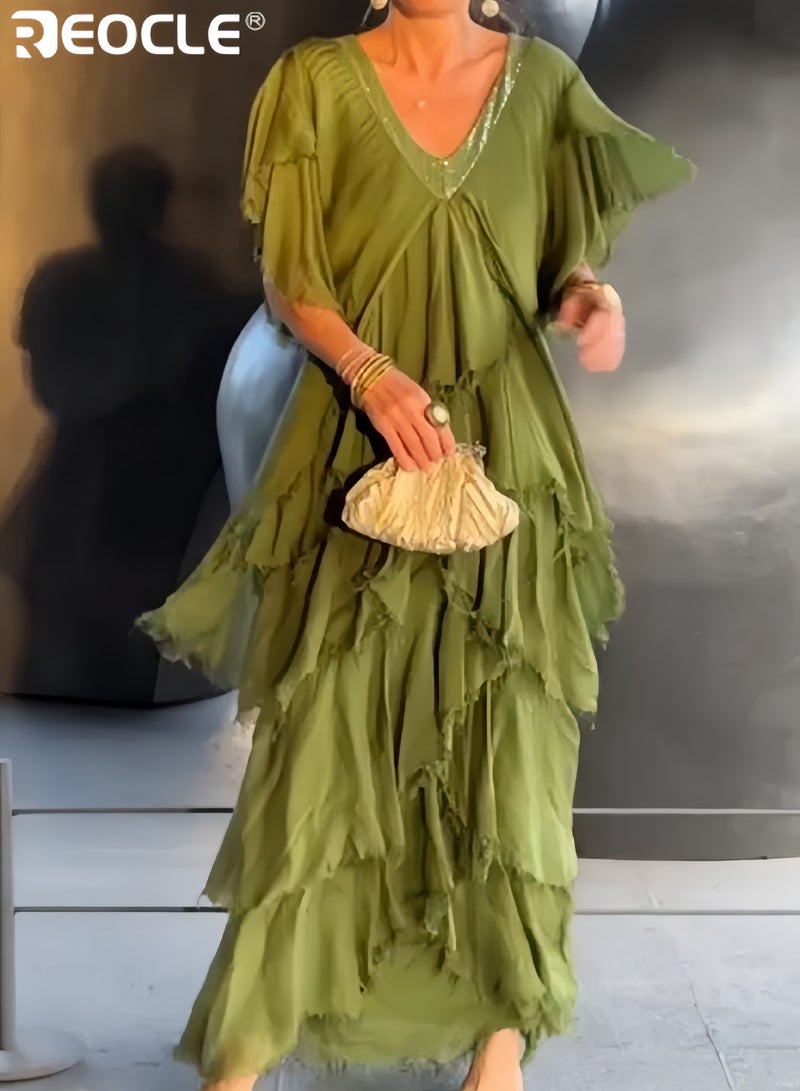 REOCLE Women's V Neck Short Sleeve Dress Versatile Casual Wear Slimming A Line Pleated Solid Color Pullover Maxi Dress with High Waist Design - Image 2