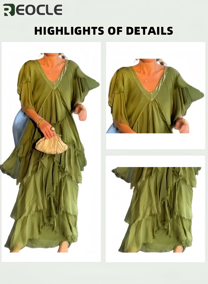 REOCLE Women's V Neck Short Sleeve Dress Versatile Casual Wear Slimming A Line Pleated Solid Color Pullover Maxi Dress with High Waist Design - Image 5