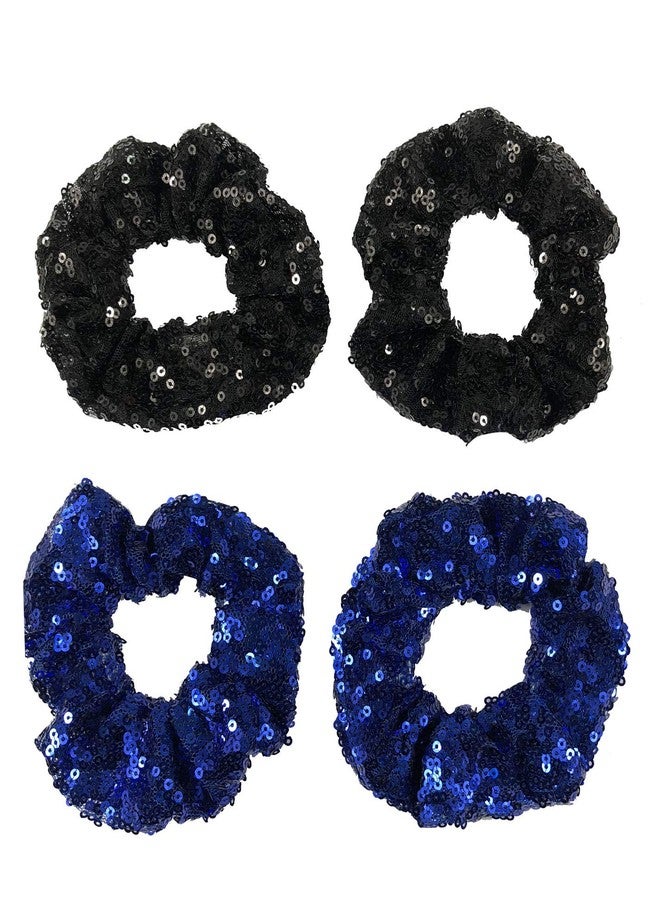 KINFENE 4 Pcs Sequin Hair Scrunchie Hair Bobbles Metallic Elastics Ponytail Holders Hair Wrist Ties Bands Cloth Scrunchies for Show Gym Dance Party Club Girl Women (Black+Blue) - Image 1