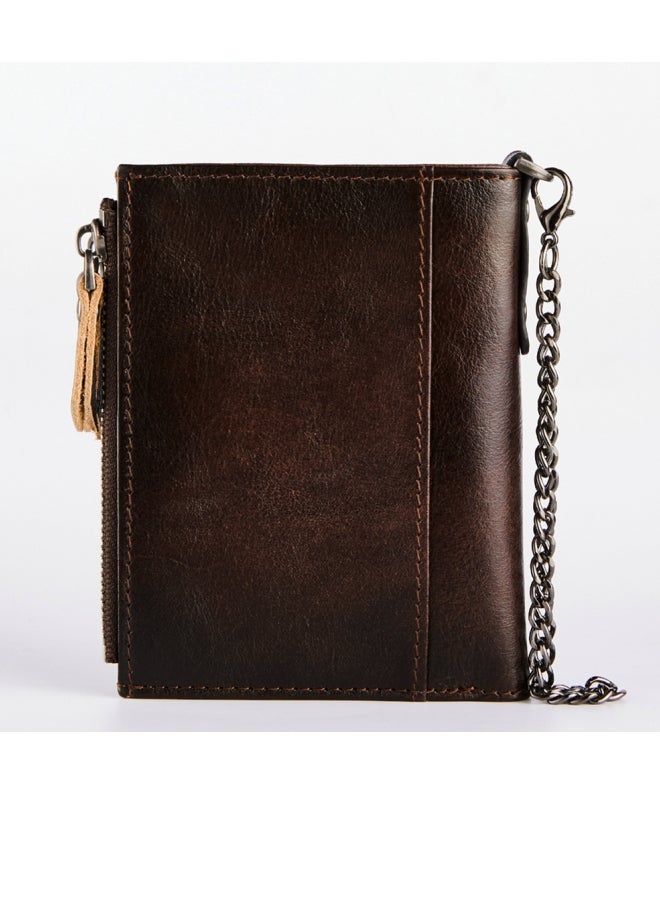 Dante Cowhide RFID Anti-theft Card Swiping Wallet, Driver's License Chain Zipper Coin Purse Brown - Image 1
