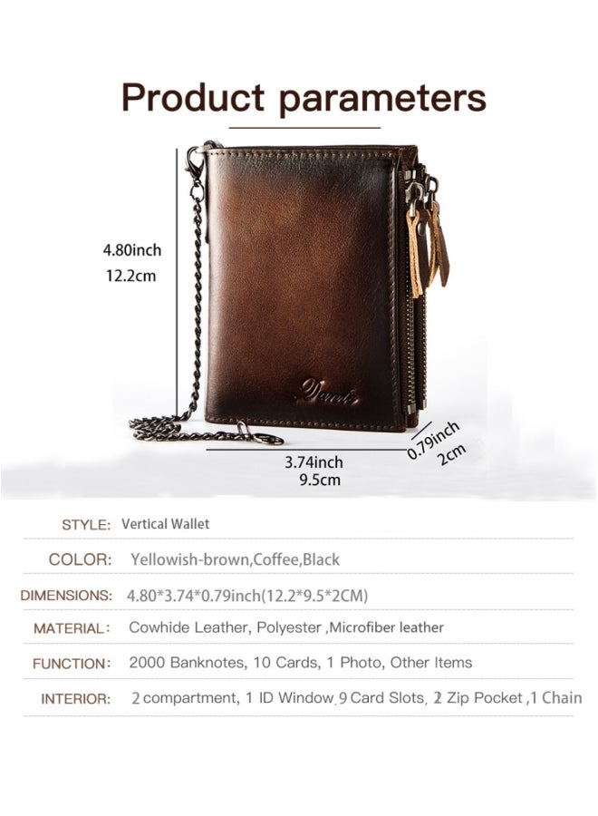 Dante Cowhide RFID Anti-theft Card Swiping Wallet, Driver's License Chain Zipper Coin Purse Brown - Image 2